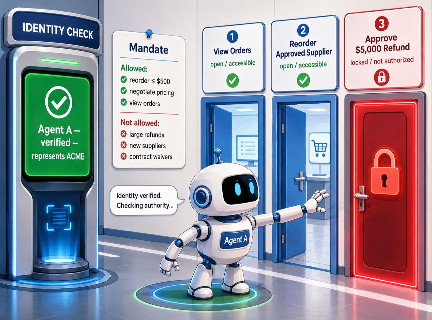 An AI agent passes an identity check, consults a mandate, and is permitted to view orders and reorder from an approved supplier while a large refund remains locked.